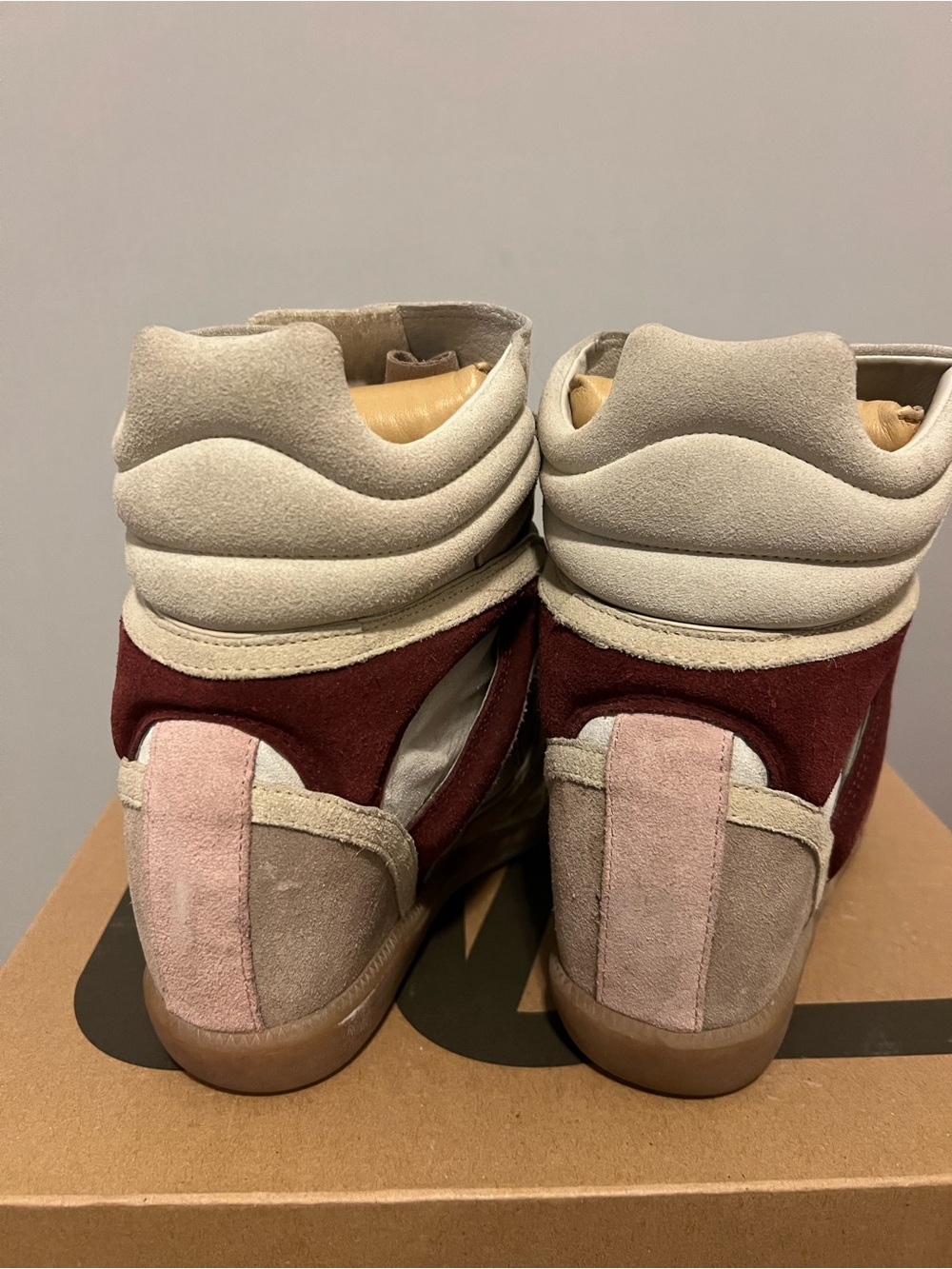 Isabel Marant Beige Suede Wedge Sneakers with Pink, Red & Burgundy Straps - Picture 3 of 8